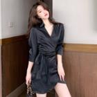 3/4-sleeve Tie-waist Open-collar Mini Sheath Dress