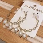 Faux Pearl Chained Open Hoop Earring 925 Silver Needle - Gold - One Size