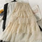 Layered Ruffle-trim Lace Midi Skirt