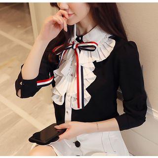 Frill Trim Color Panel Chiffon Blouse