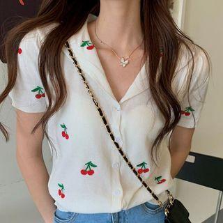 Short-sleeve Cherry Embroidered Buttoned Knit Top As Shown In Figure - One Size
