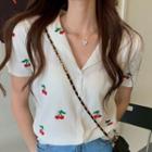 Short-sleeve Cherry Embroidered Buttoned Knit Top As Shown In Figure - One Size