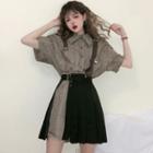Elbow-sleeve Plaid Mini Shirt Dress / Asymmetric A-line Mini Pleated Skirt