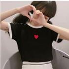 Tipped Heart Embroidered Short Sleeve Knit T-shirt