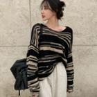 Wide Neck Contrast Striped Drop Shoulder Top Stripe - One Size