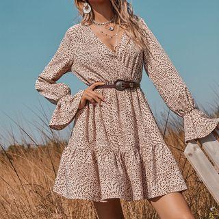 Long-sleeve Leopard Print Tiered Mini A-line Dress