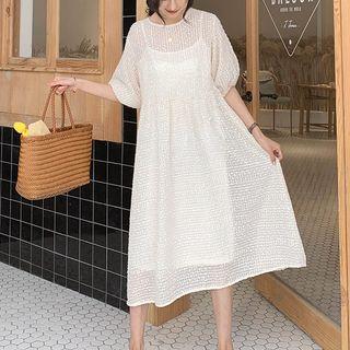 Set: Slipdress + Crew-neck Elbow-sleeve Midi A-line Dress