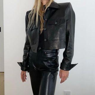 Faux Leather Pocketed Button-up Cropped Jacket