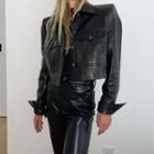 Faux Leather Pocketed Button-up Cropped Jacket