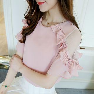 Ruffle Trim Mesh Panel Elbow Sleeve Blouse