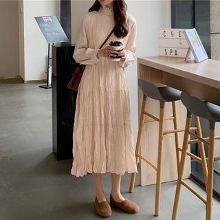 Mock-turtleneck Shirred Long-sleeve Midi A-line Dress