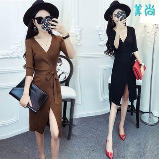 3/4-sleeve V-neck Knitted Dress