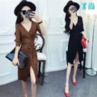 3/4-sleeve V-neck Knitted Dress