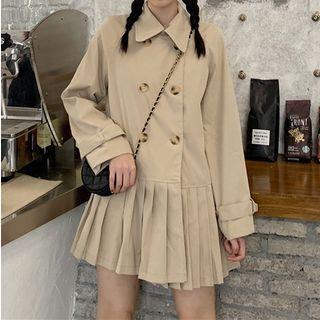 Long-sleeve Double Breasted Pleated Mini Dress Khaki - One Size