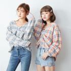 Puff Sleeve Plaid V-neck Buttoned Top