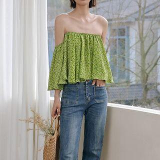 Off-shoulder Floral Cropped Blouse Green - One Size