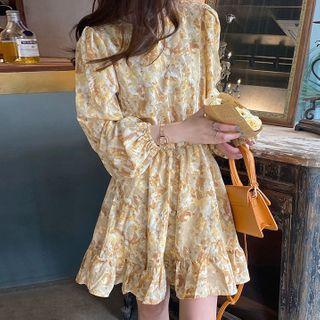 Long-sleeve Flower Print A-line Dress Yellow - One Size
