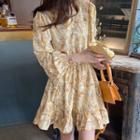 Long-sleeve Flower Print A-line Dress Yellow - One Size