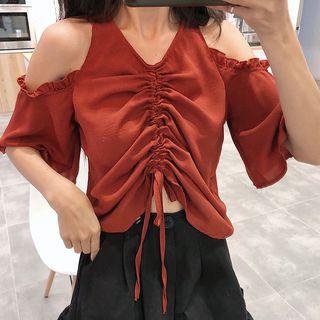 Elbow-sleeve Cold-shoulder Drawstring Top
