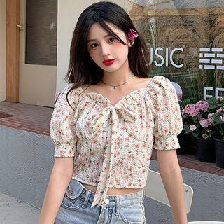 Off-shoulder Puff-sleeve Tie-strap Floral Cropped Blouse