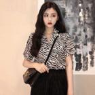 Short-sleeve Zebra Print Shirt / Midi Crinkle Skirt