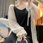 Long-sleeve Perforated Lace-up Light Cardigan Almond - One Size