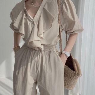 Set: Puff-sleeve Ruffled V-neck Top + Straight Leg Pants