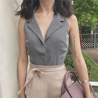 Notched Lapel Check Sleeveless Blouse