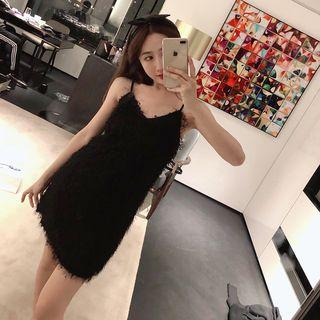 Spaghetti Strap Feather-accent Mini A-line Dress Black - One Size