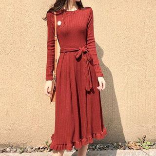 Tie Waist Long-sleeve A-line Knit Dress