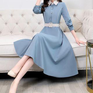 Belted Two-tone Midi Shirtdress