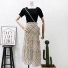 Set: Tie-back Crop T-shirt + Argyle Midi Skirt Black + Almond - One Size