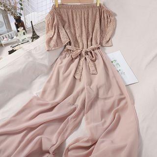 Lace Panel Off-shoulder Tie-waist Wide-leg Jumpsuit