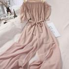 Lace Panel Off-shoulder Tie-waist Wide-leg Jumpsuit