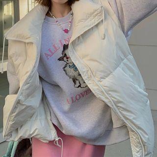 Padded Zip-up Vest / Print Sweatshirt / Slit Midi Pencil Skirt