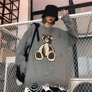 Bear Detail Distressed Long-sleeve Knit Top