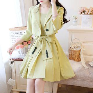 Set: Single-button Cropped Blazer + Sleeveless Bow-accent Dress