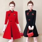 Long-sleeve Cherry Embroidered A-line Qipao Dress