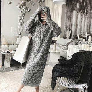 Leopard Print Hooded Long-sleeve Mid Knit Dress