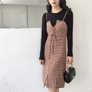 Long-sleeve T-shirt / Strappy Plaid Dress