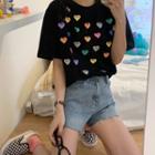 Elbow-sleeve All Over Heart T-shirt Black - One Size