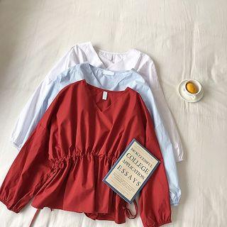 Plain V-neck Ribbon Lace-up Top