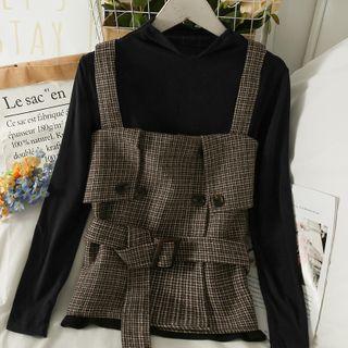 Set: Plaid Wool Vest With Belt + Mock-neck Top