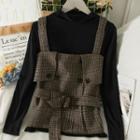 Set: Plaid Wool Vest With Belt + Mock-neck Top
