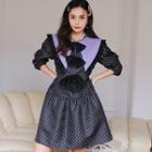 Long Sleeve Sailor Collar Bow Accent Pattern A-line Dress