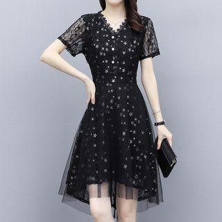 Star Print Lace Short-sleeve A-line Dress