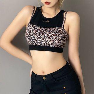 Set: Sleeveless Crop Top + Leopard Print Camisole Top