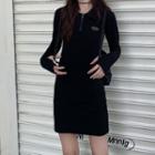 Half-zip Long-sleeve Mini T-shirt Dress Black - One Size