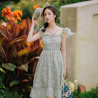 Ruffle Strap Floral Embroidered Midi Chiffon Dress