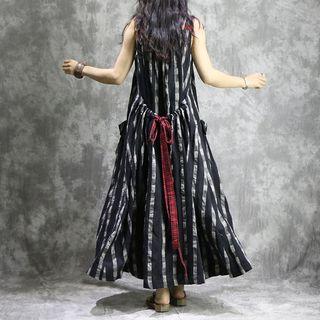 Sleeveless Stripe A-line Maxi Dress Black - One Size